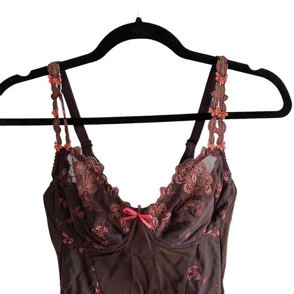 EMBROIDERED Lace Bodysuit Lingerie Brown Coral Pink XS - Picture 2 of 5